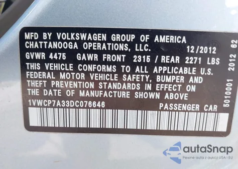 2013 Volkswagen Passat 2.5L Sel Premium from USA, damaged, VIN 1VWCP7A33DC076646